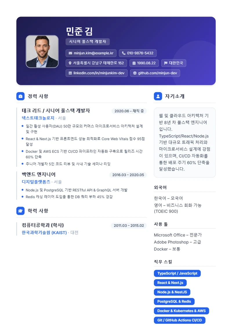 Creative 이력서 템플릿, 표준 규격 양식