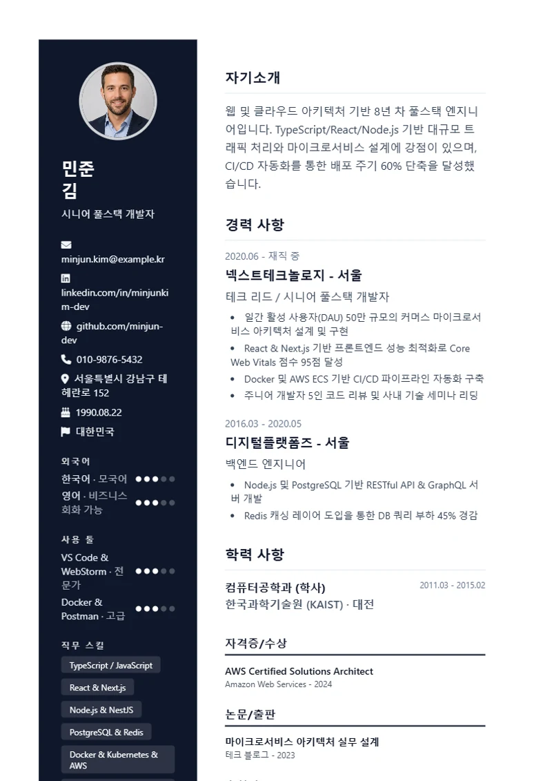 Modern 이력서 템플릿, 표준 규격 양식