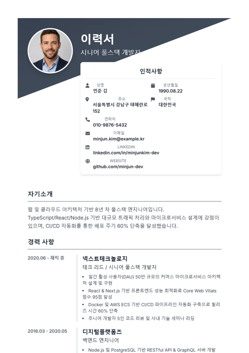 Diagonal 이력서 템플릿, 표준 규격 양식