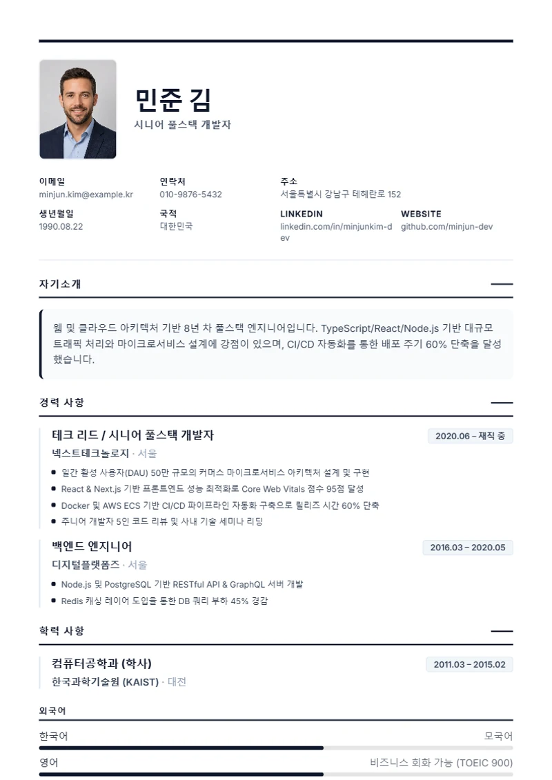 Executive 이력서 템플릿, 표준 규격 양식