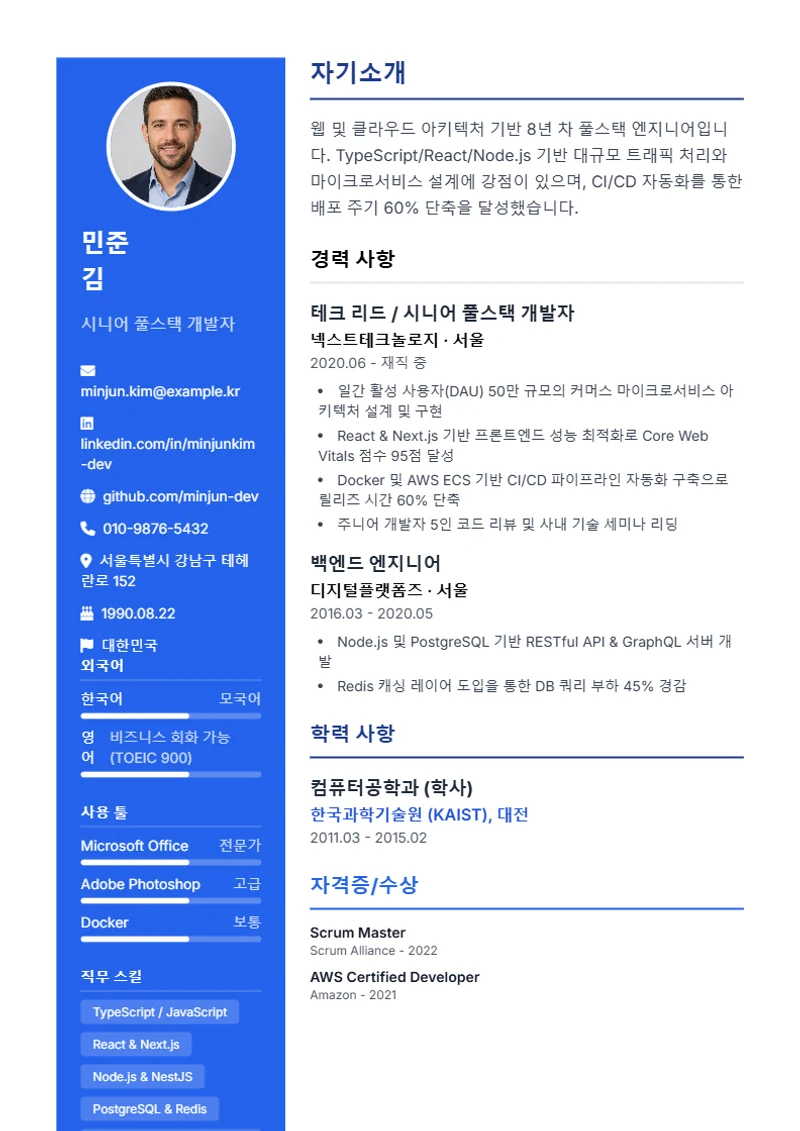 Modern 이력서 템플릿, 표준 규격 양식