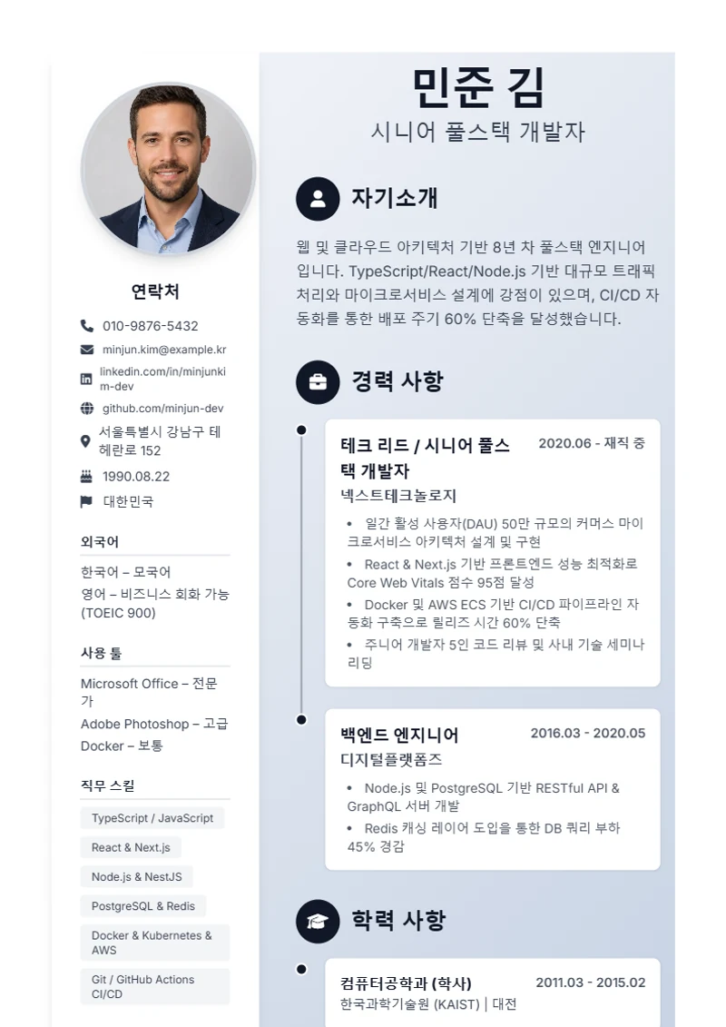 Timeline 이력서 템플릿, 표준 규격 양식