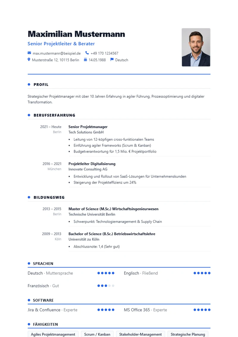 CV template Amsterdam Linear – A4 sample