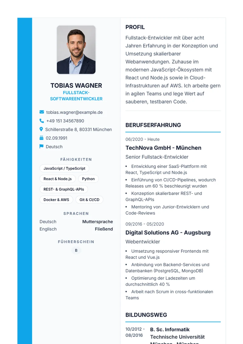 Lebenslauf Vorlage Sidebar Pro, Muster nach DIN 5008