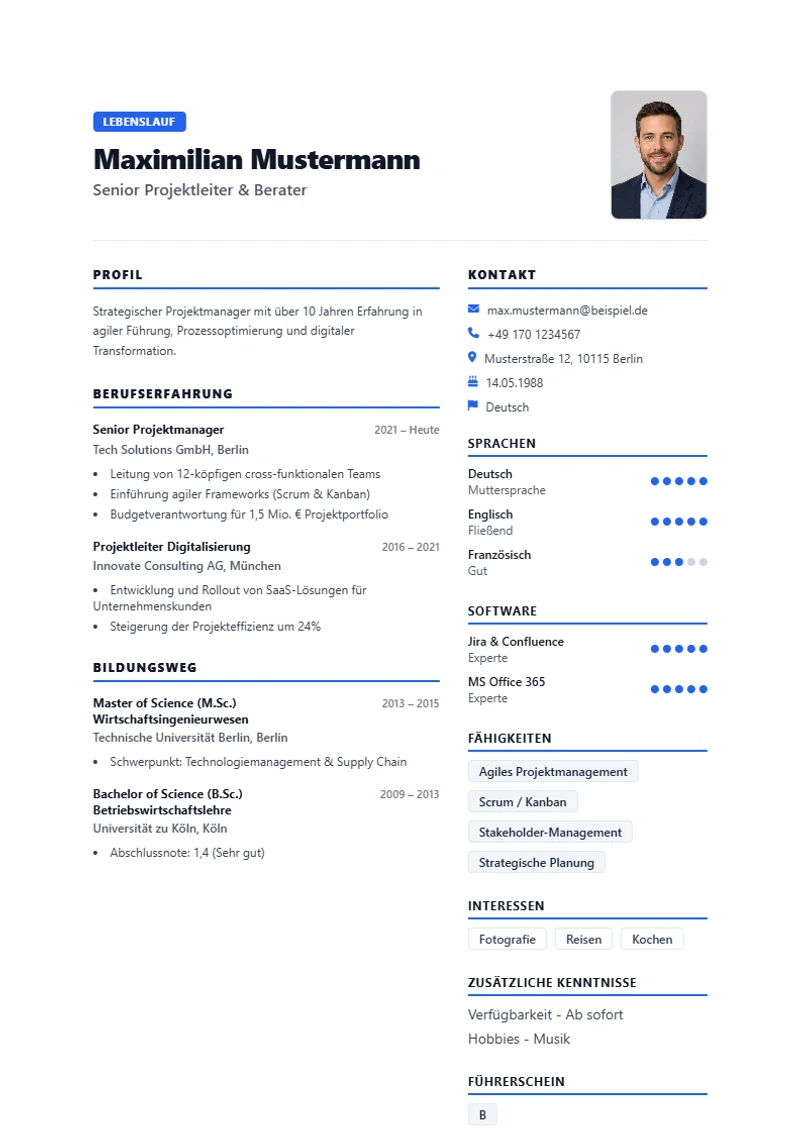 CV template Toronto Hybrid – A4 sample