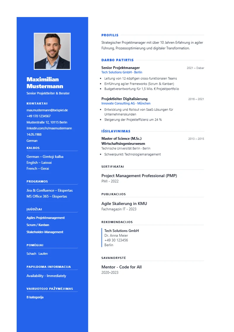CV šablonas Rotterdam Split, pavyzdys pagal DIN 5008