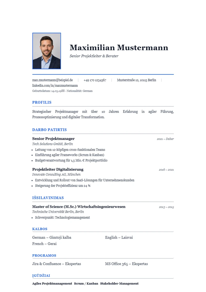CV šablonas Wien Serif, pavyzdys pagal DIN 5008