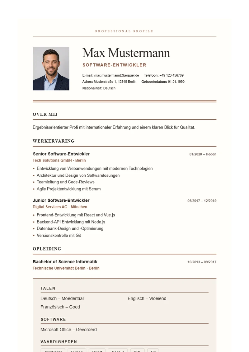 CV-sjabloon Editorial Serif – voorbeeld volgens DIN 5008