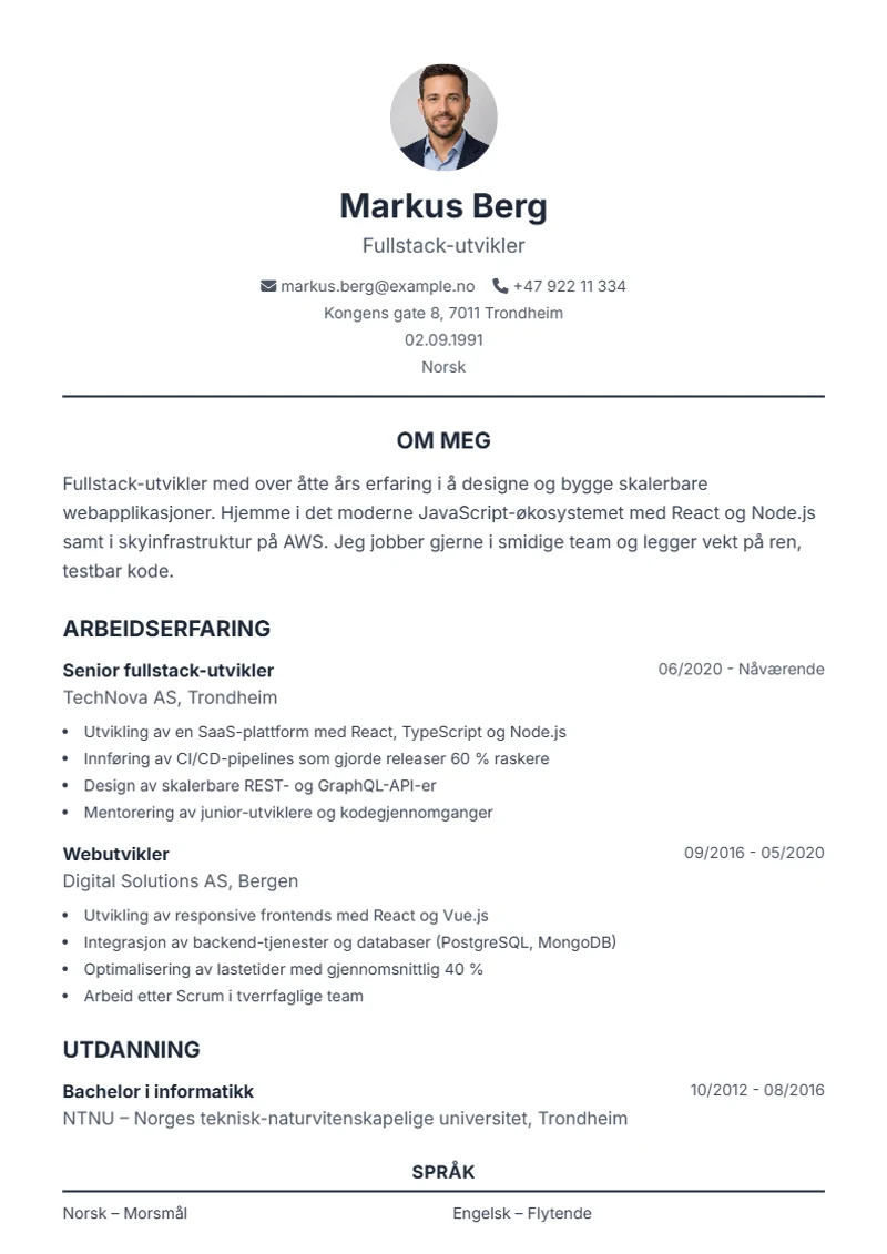 CV-mal Classic – eksempel etter DIN 5008