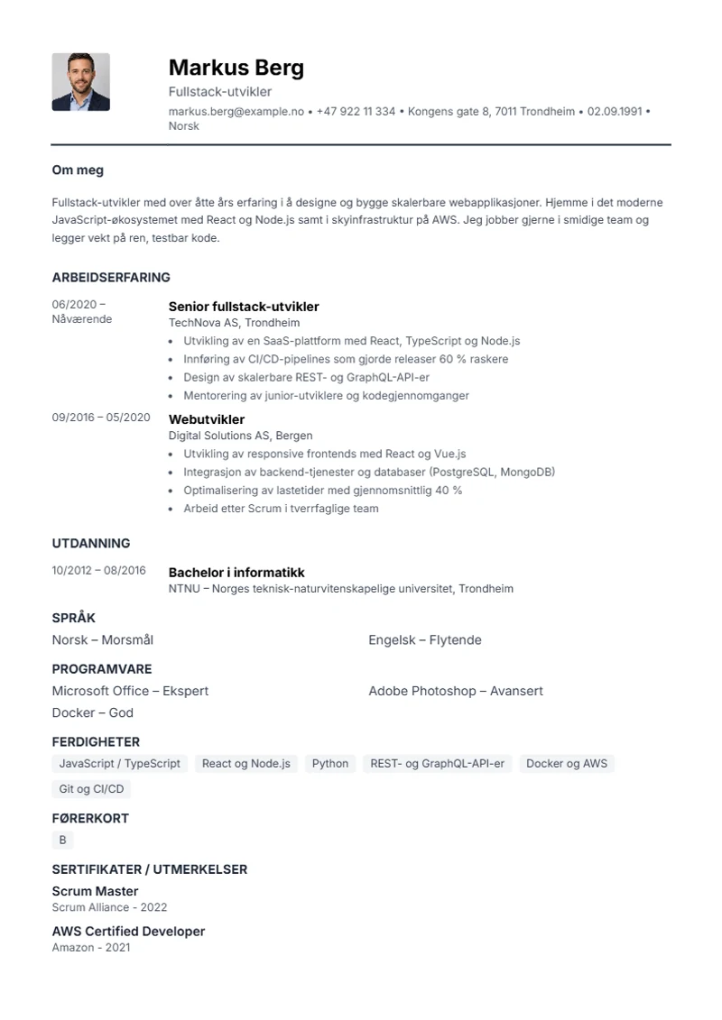 CV-mal Compact – eksempel etter DIN 5008