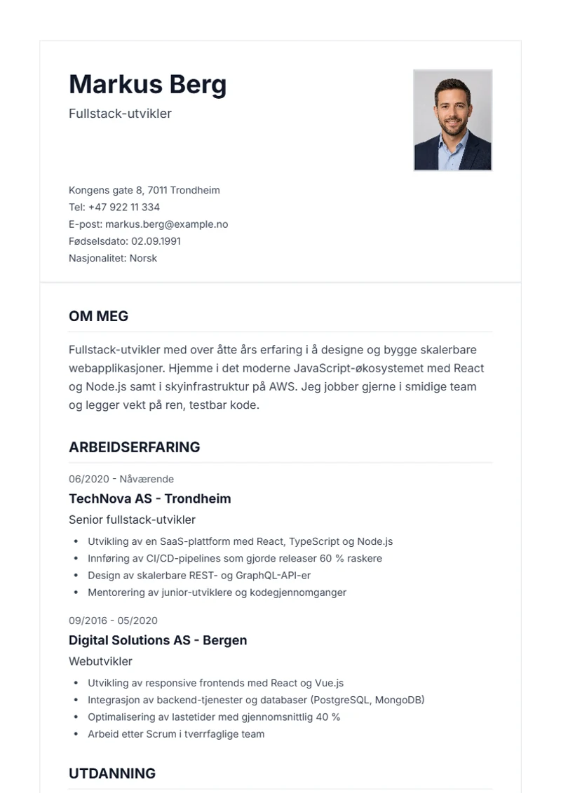 CV-mal Classic – eksempel etter DIN 5008