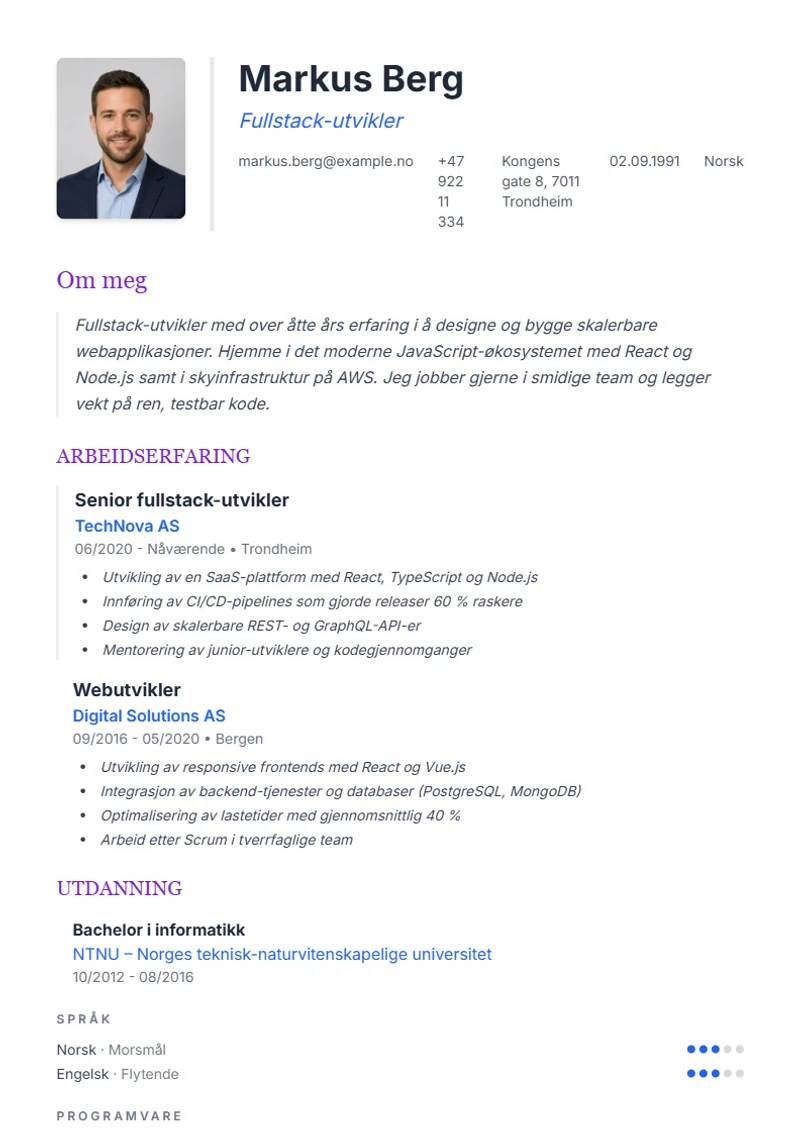 CV-mal Elegant – eksempel etter DIN 5008