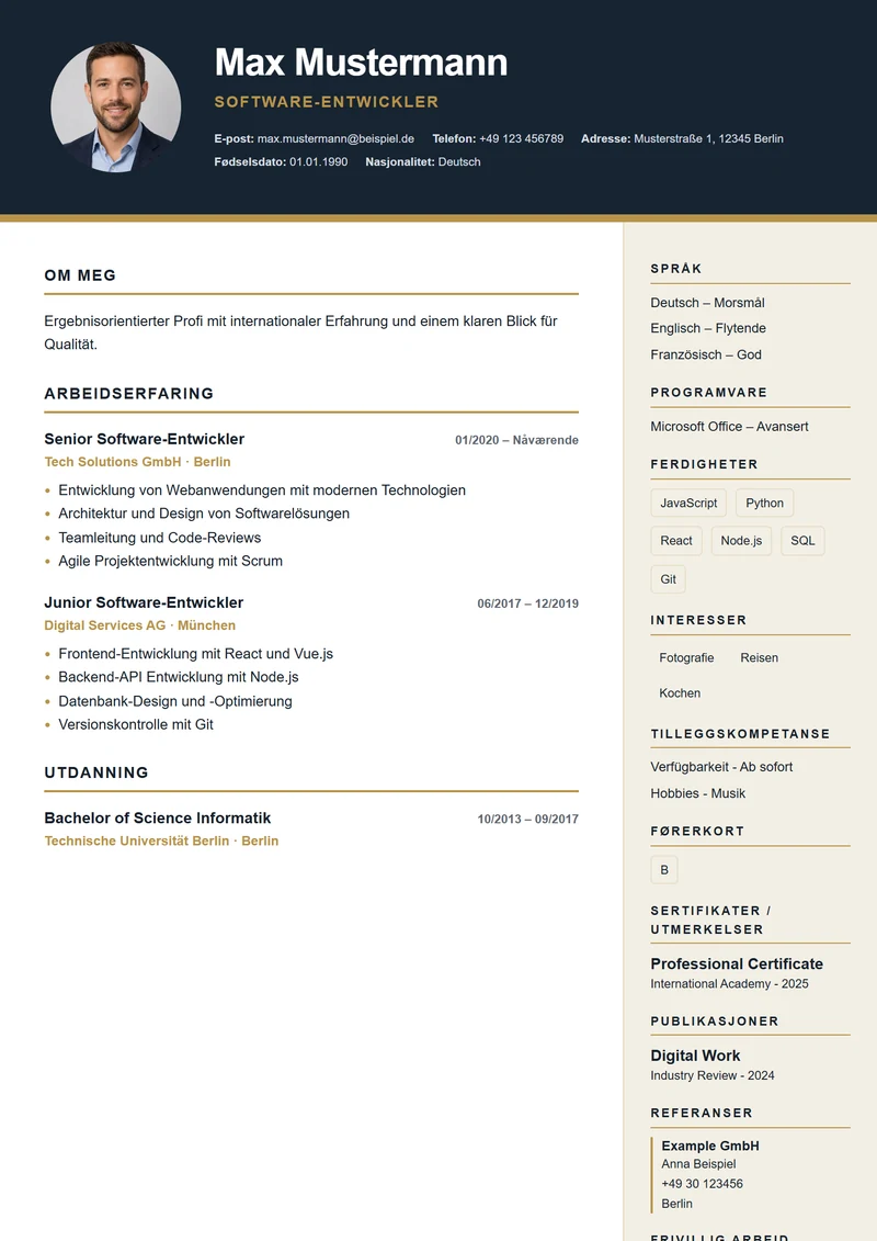 CV-mal Executive Dark – eksempel etter DIN 5008