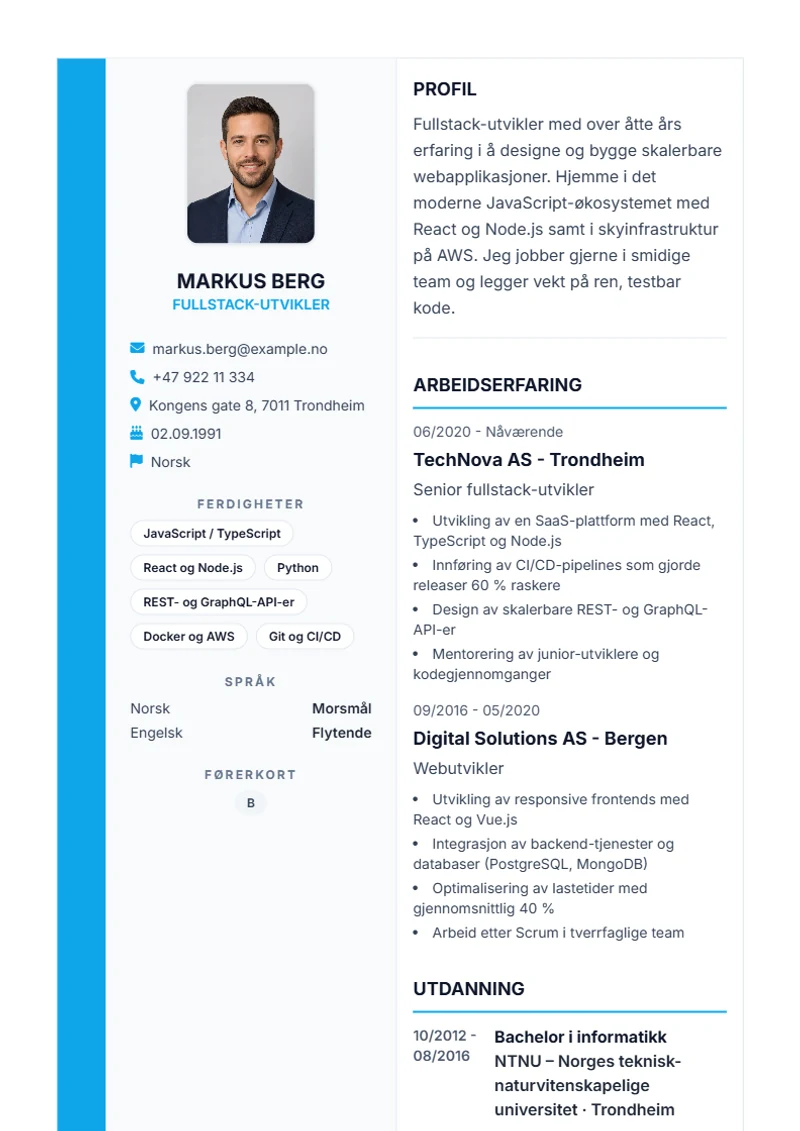 CV-mal Sidebar Pro – eksempel etter DIN 5008