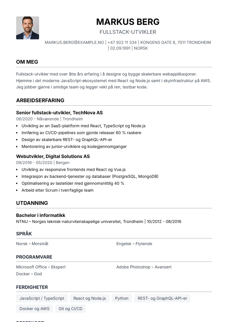 CV-mal Simple – eksempel etter DIN 5008