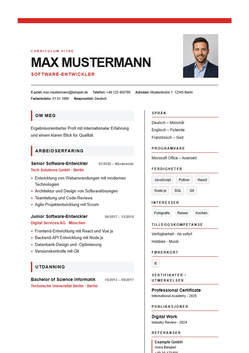 CV-mal Swiss Grid – eksempel etter DIN 5008