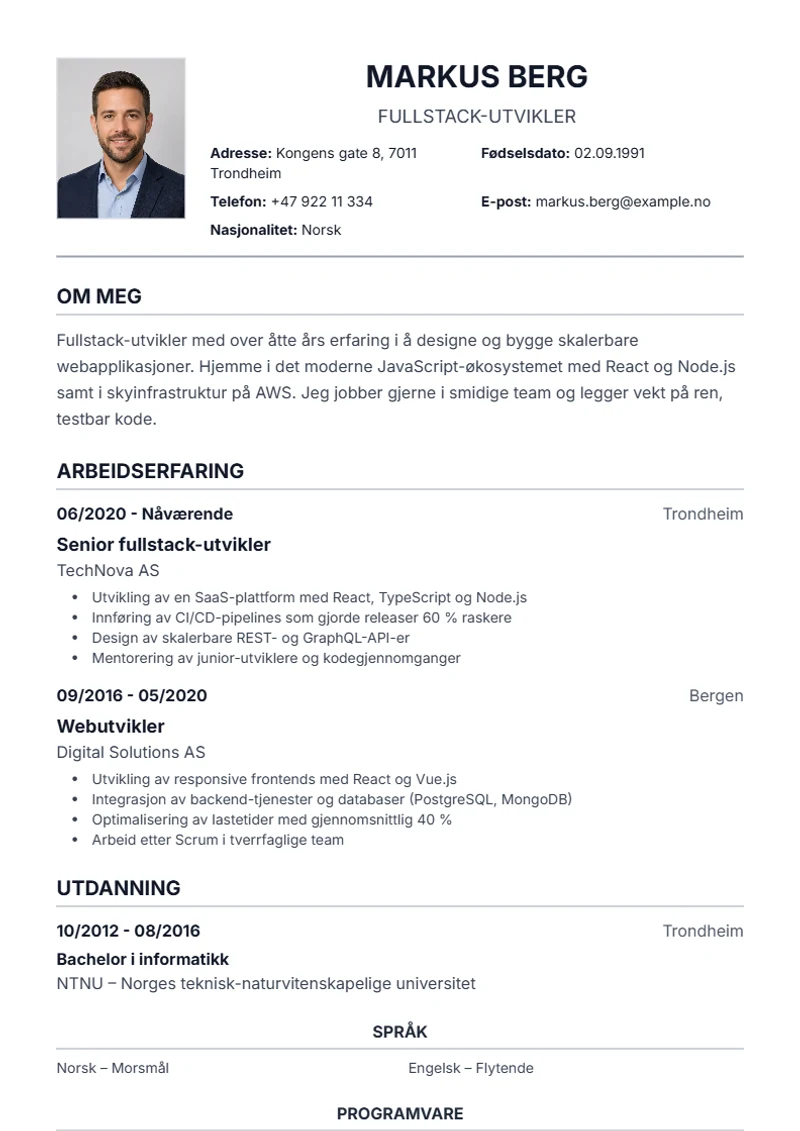 CV-mal Traditional – eksempel etter DIN 5008