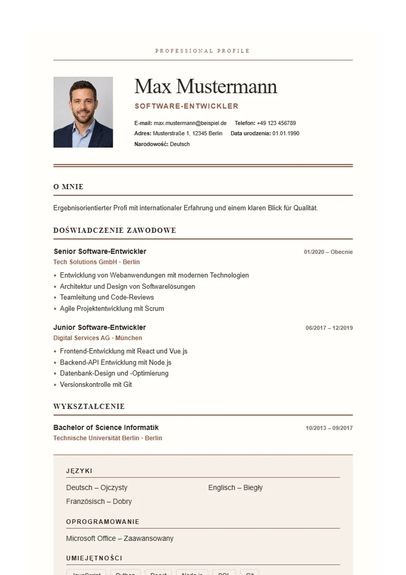 Szablon CV Editorial Serif – wzór zgodny z DIN 5008