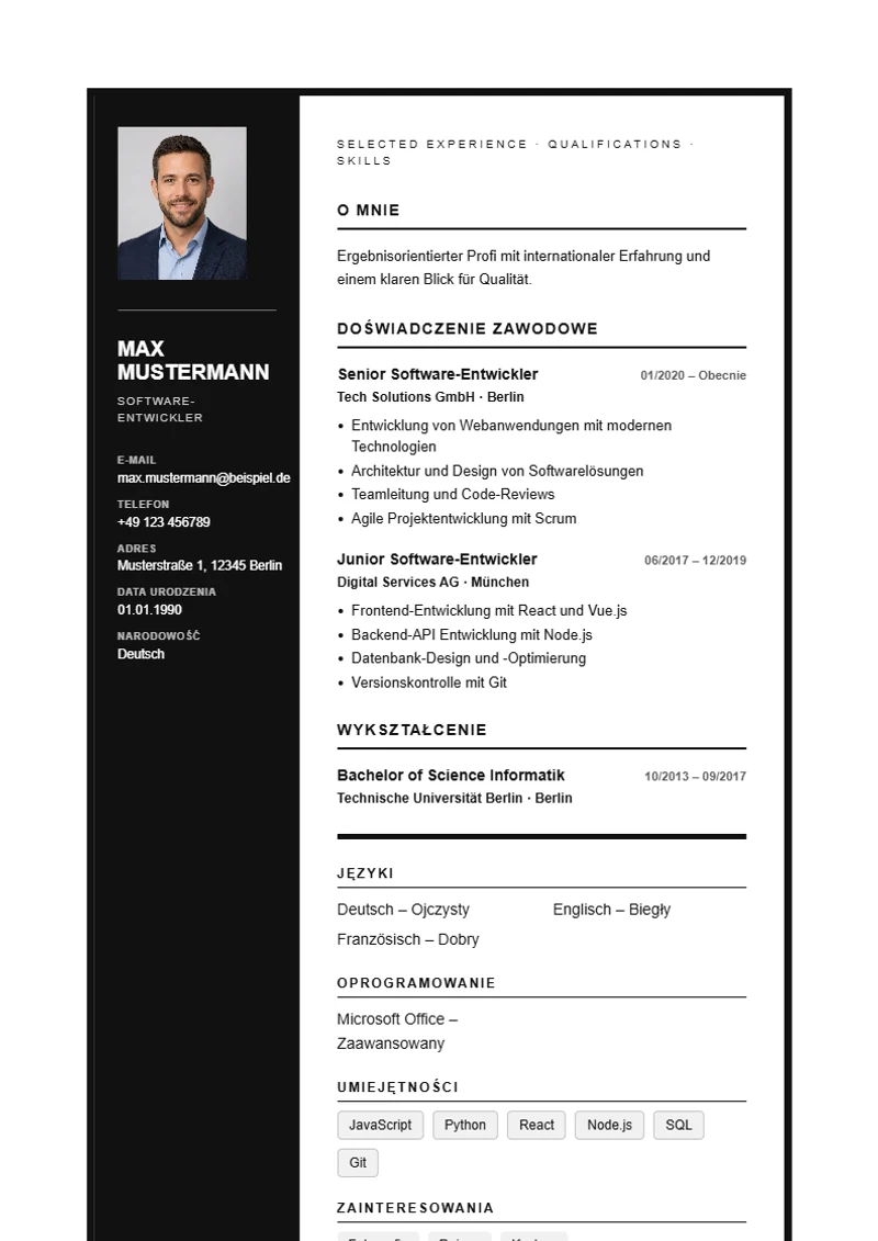 Szablon CV Monochrome Frame – wzór zgodny z DIN 5008