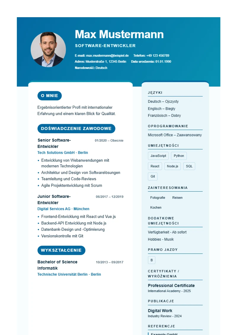 Szablon CV Ocean Split – wzór zgodny z DIN 5008