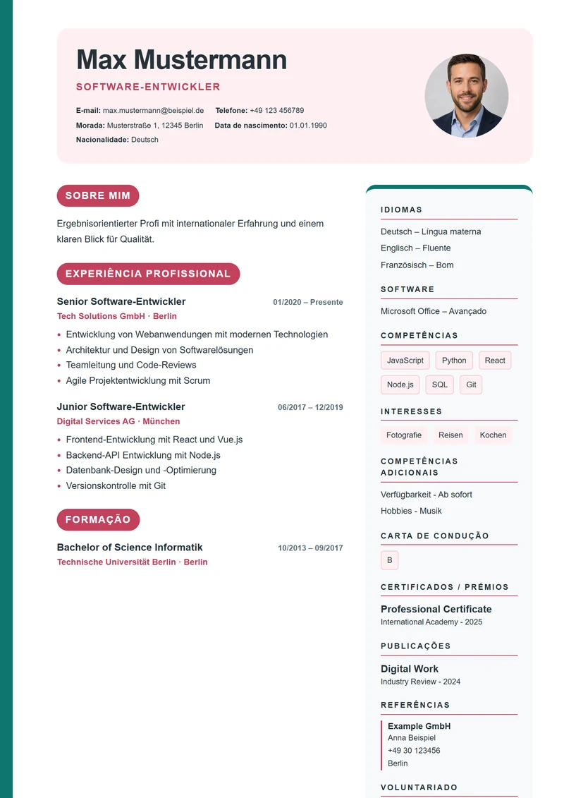 Modelo de currículo Creative Blocks – exemplo conforme a DIN 5008