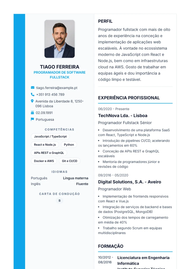 Modelo de currículo Sidebar Pro – exemplo conforme a DIN 5008
