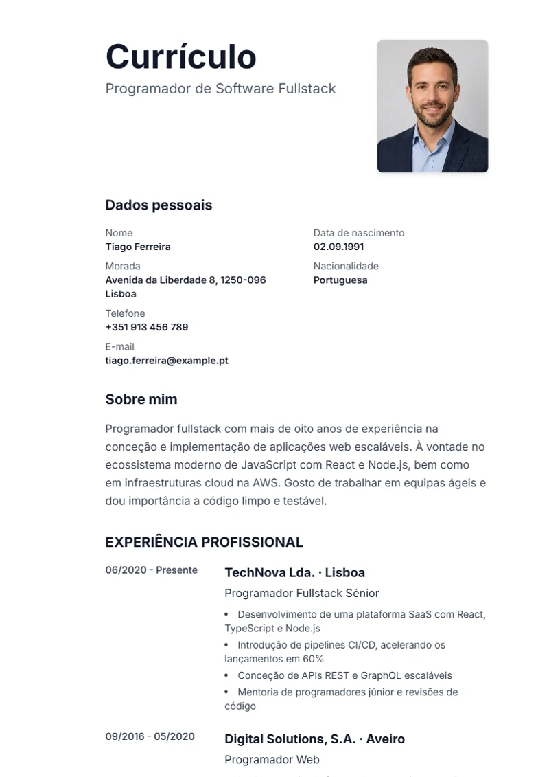 Modelo de currículo Sidebar – exemplo conforme a DIN 5008