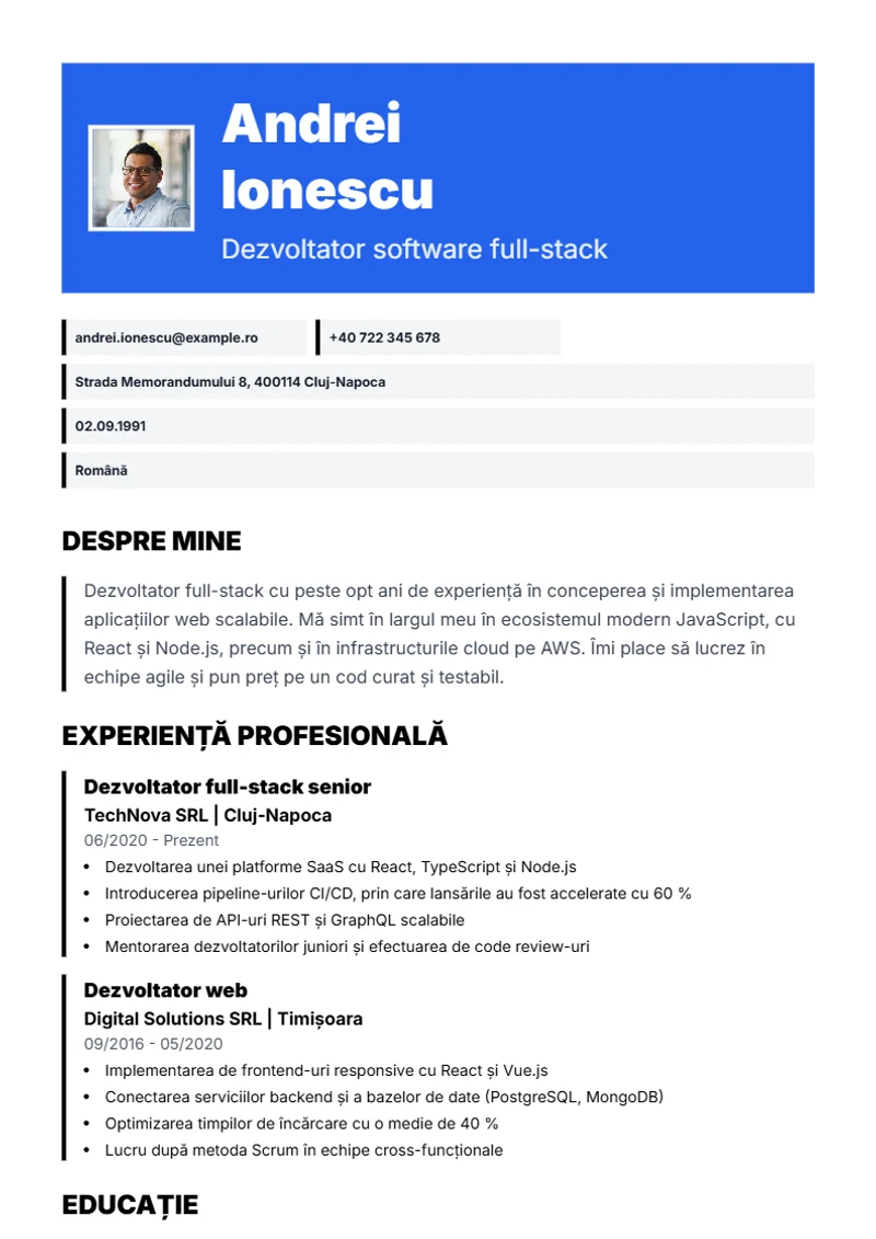 Model de CV Bold – exemplu