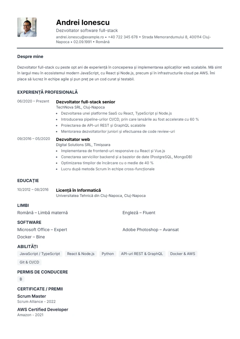 Model de CV Compact – exemplu