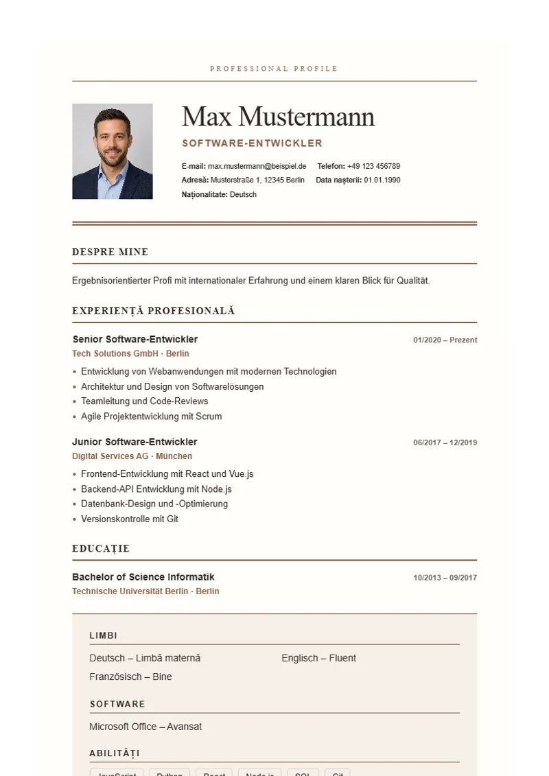 Model de CV Editorial Serif – exemplu