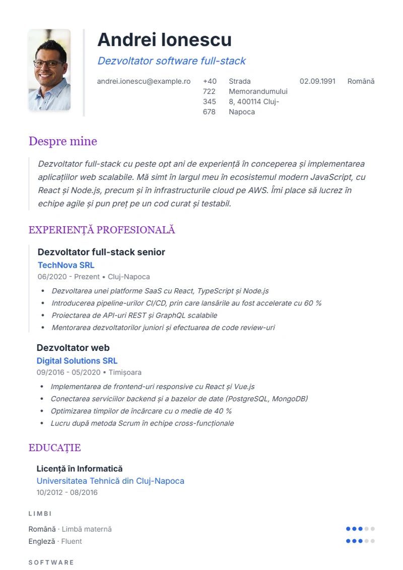 Model de CV Elegant – exemplu