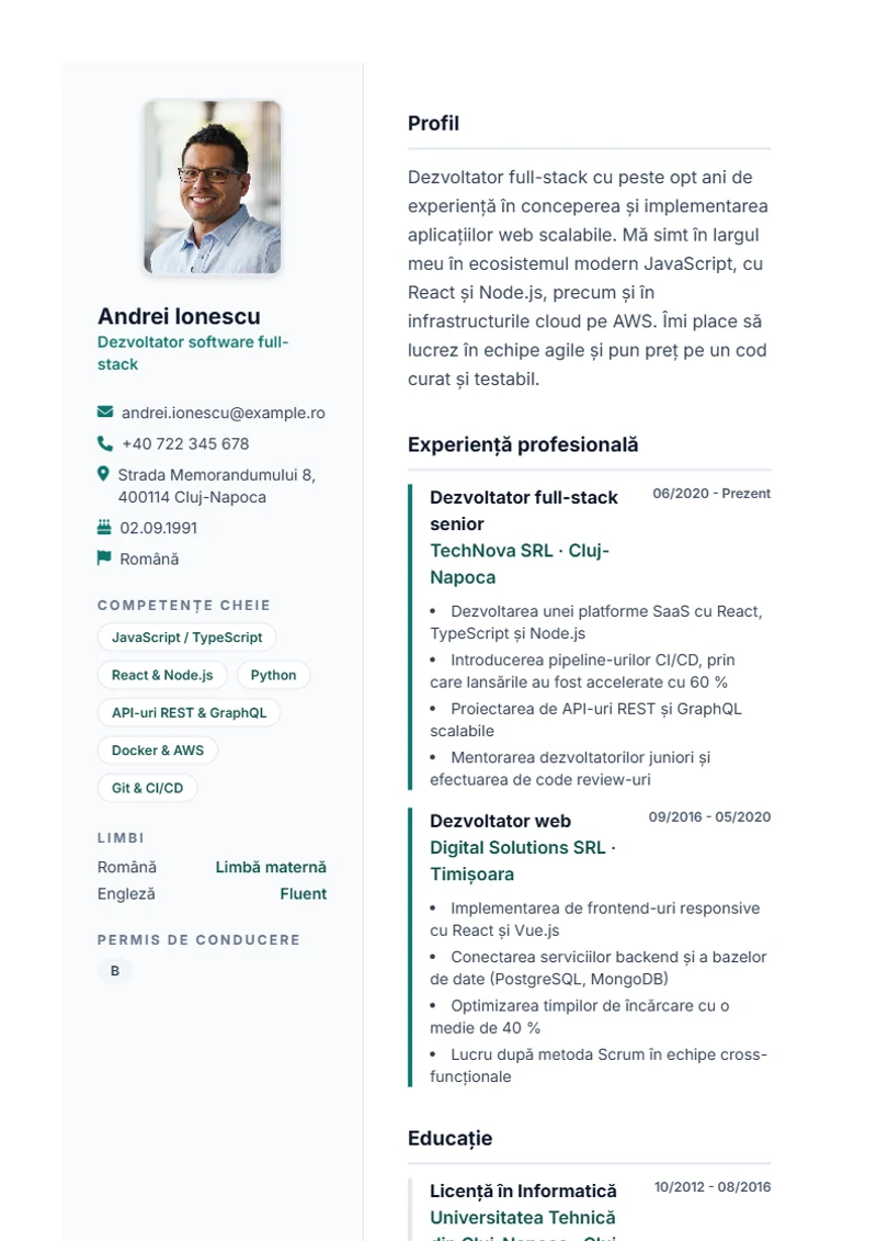Model de CV Lebenslauf Pro – exemplu