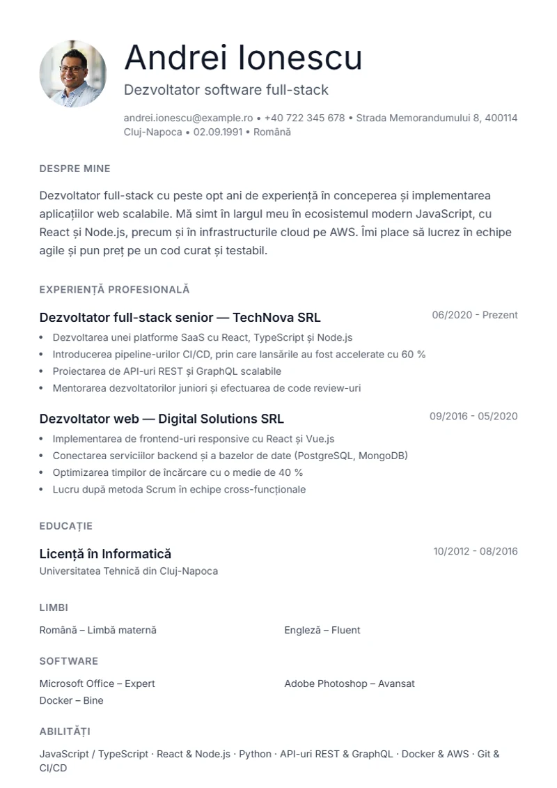 Model de CV Minimal – exemplu