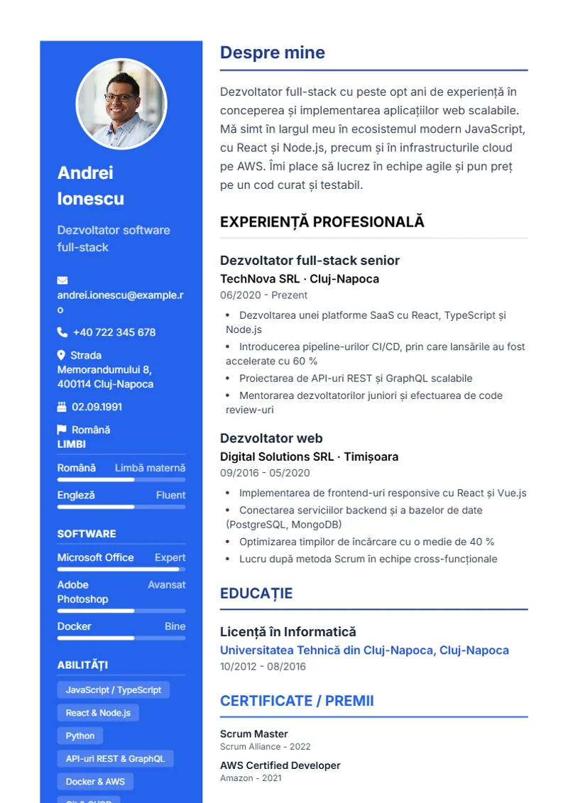 Model de CV Modern – exemplu
