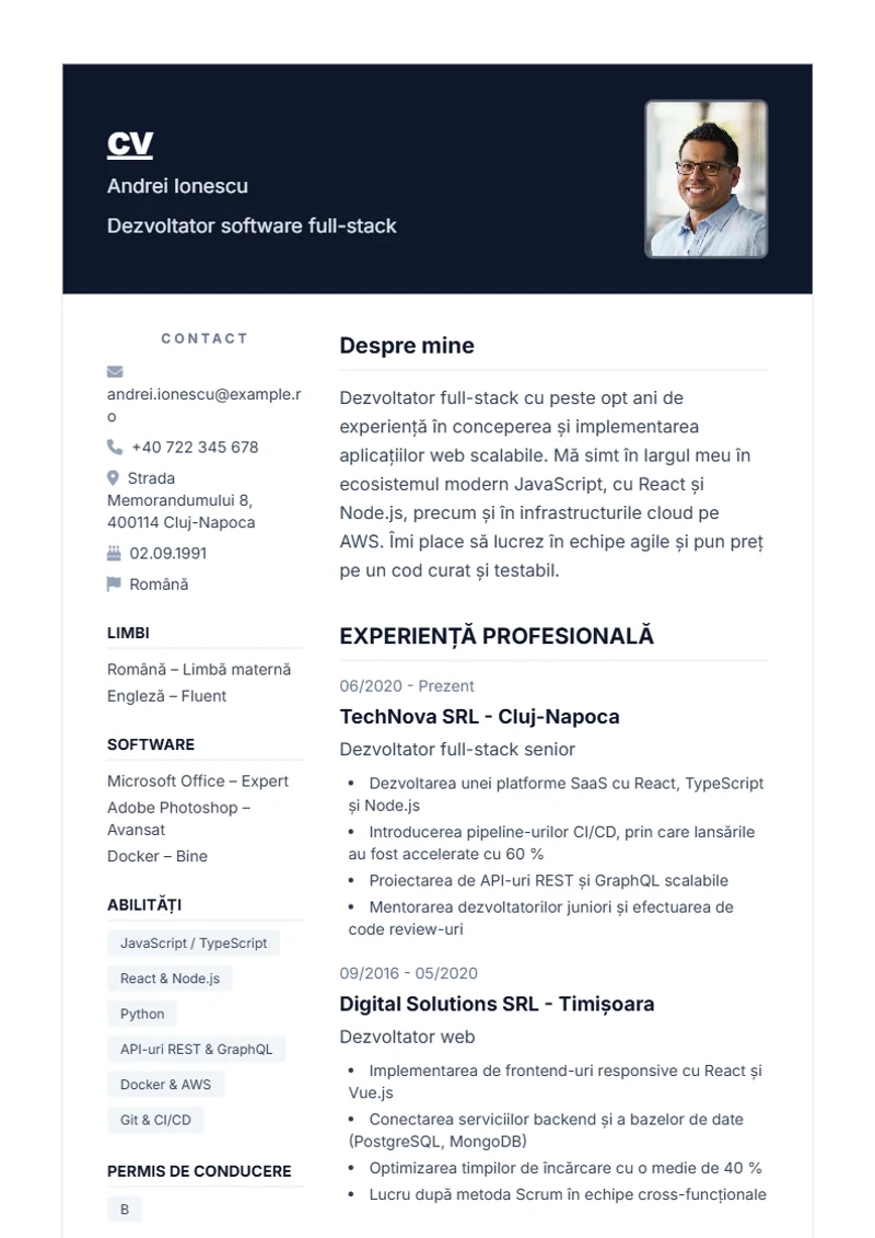 Model de CV Nova – exemplu