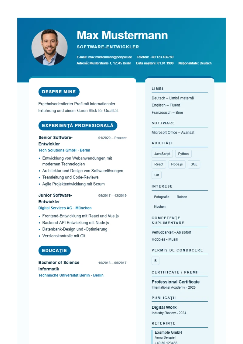 Model de CV Ocean Split – exemplu