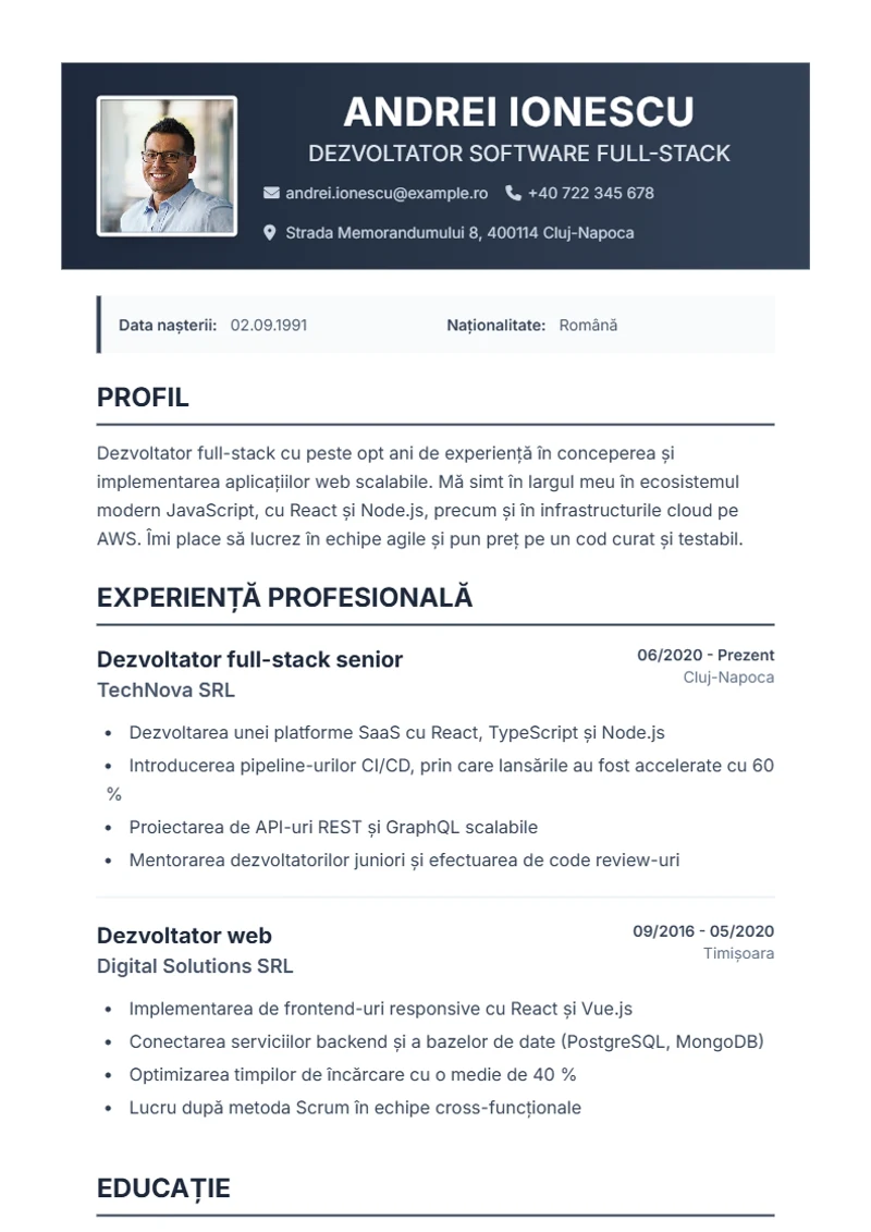 Model de CV Profplus – exemplu