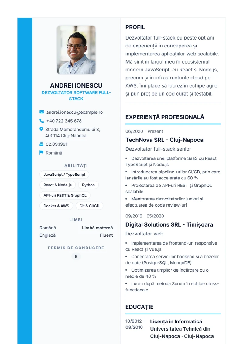 Model de CV Sidebar Pro – exemplu