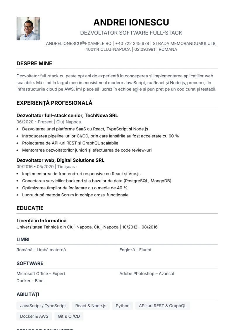 Model de CV Simple – exemplu