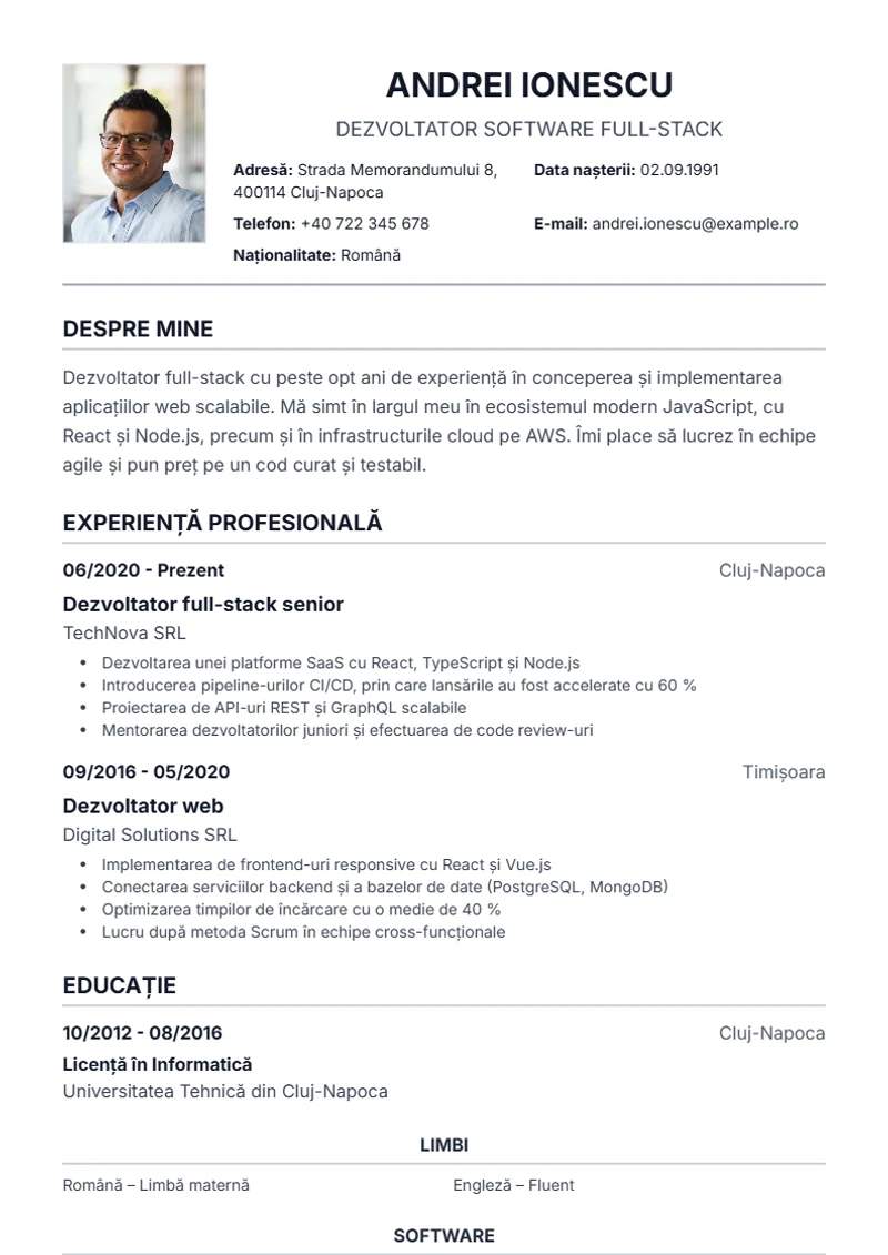 Model de CV Traditional – exemplu