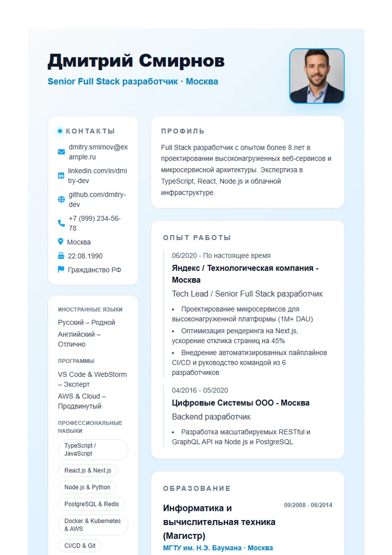 Шаблон резюме Burya, образец по стандарту DIN 5008
