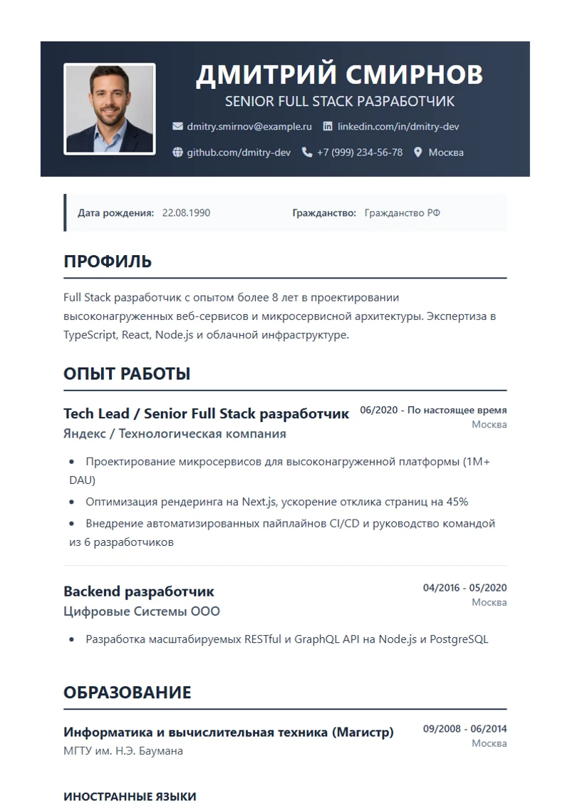 Шаблон резюме Profplus, образец по стандарту DIN 5008