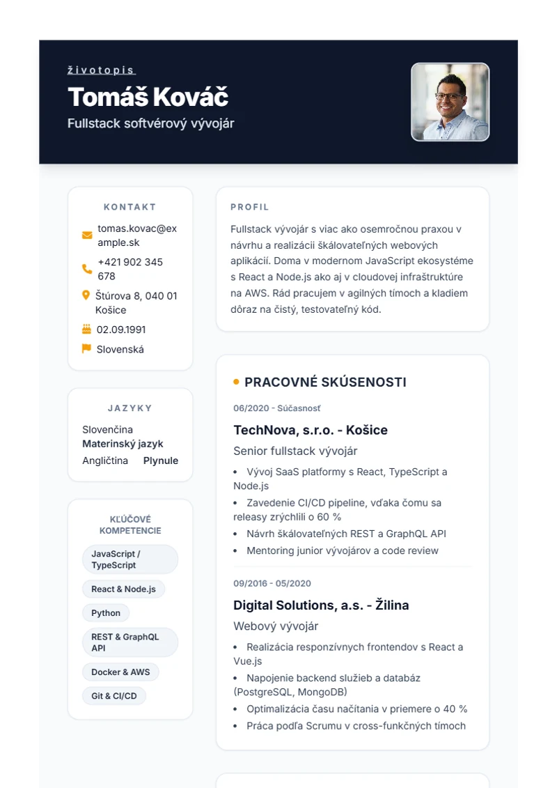 Šablóna životopisu Formal – ukážka