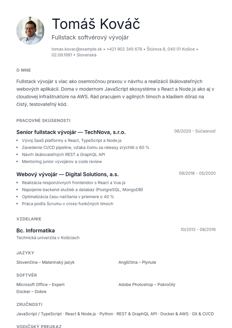 Šablóna životopisu Minimal – ukážka