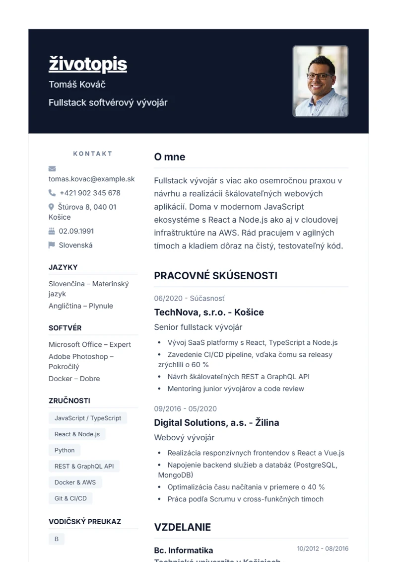 Šablóna životopisu Nova – ukážka