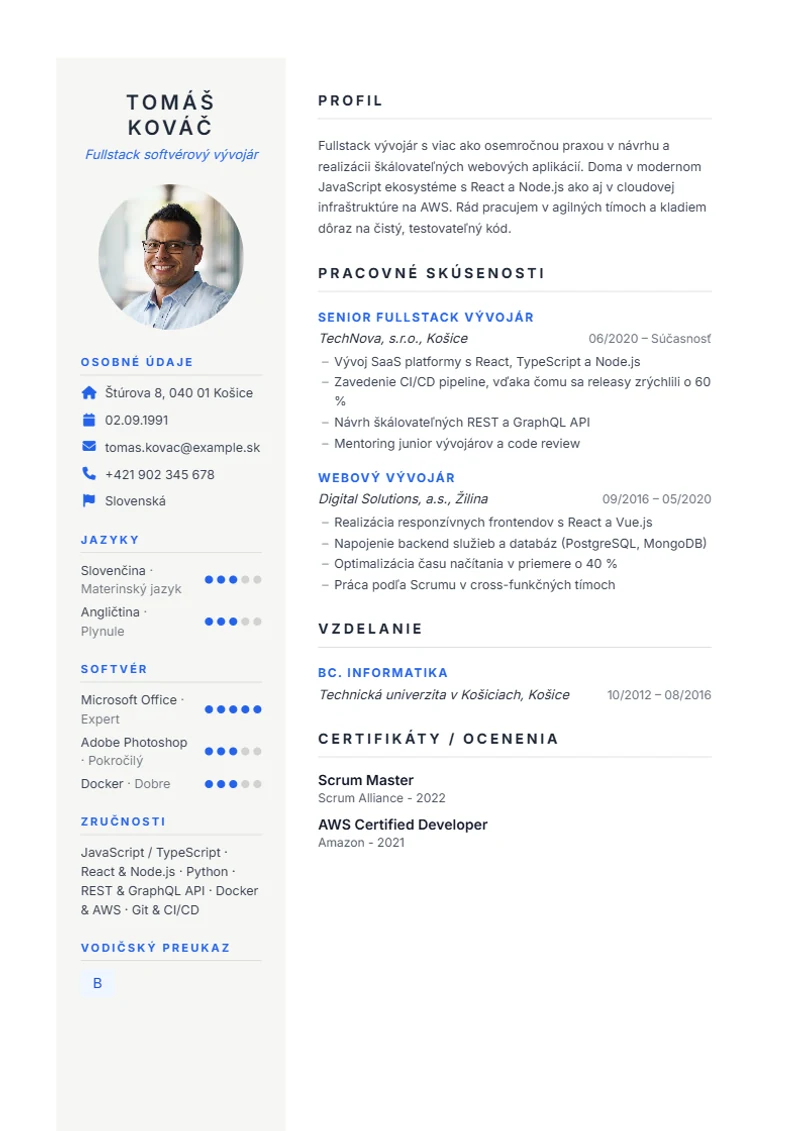 Šablóna životopisu Prestige – ukážka