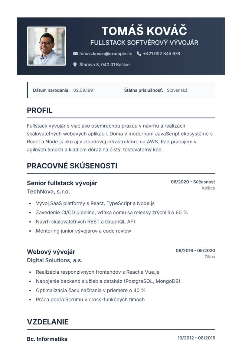 Šablóna životopisu Profplus – ukážka