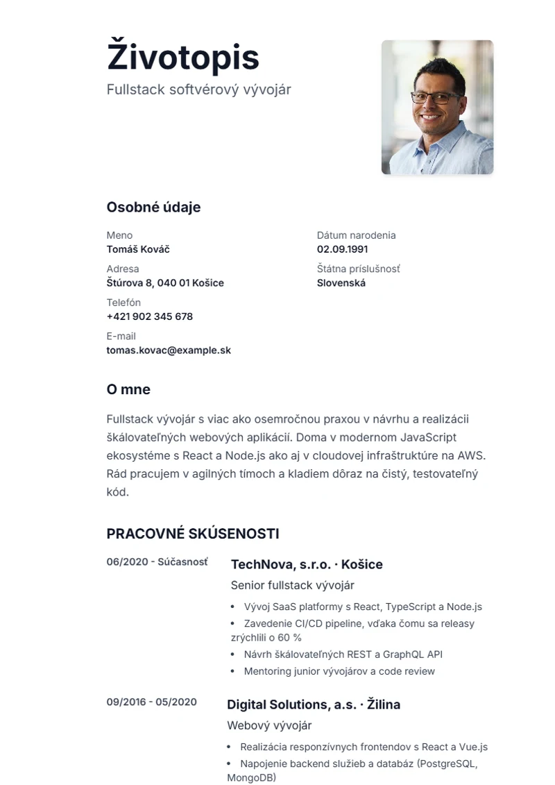 Šablóna životopisu Sidebar – ukážka