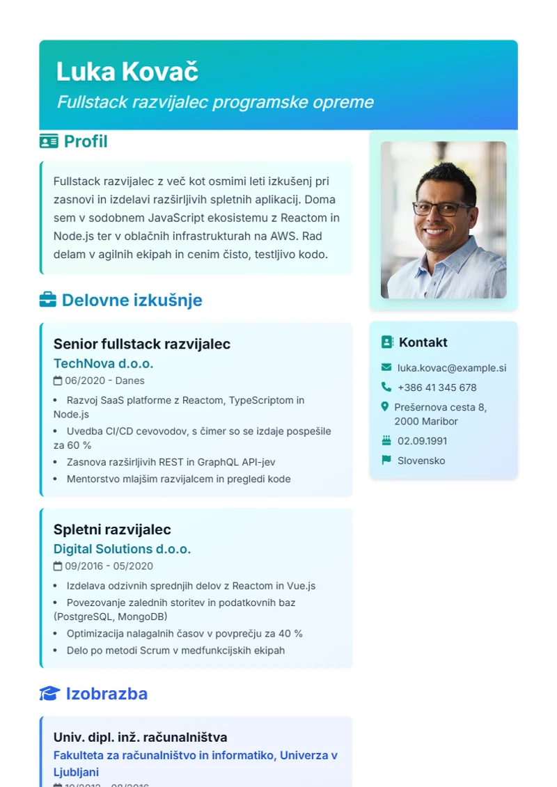 Predloga življenjepisa Artistic – vzorec