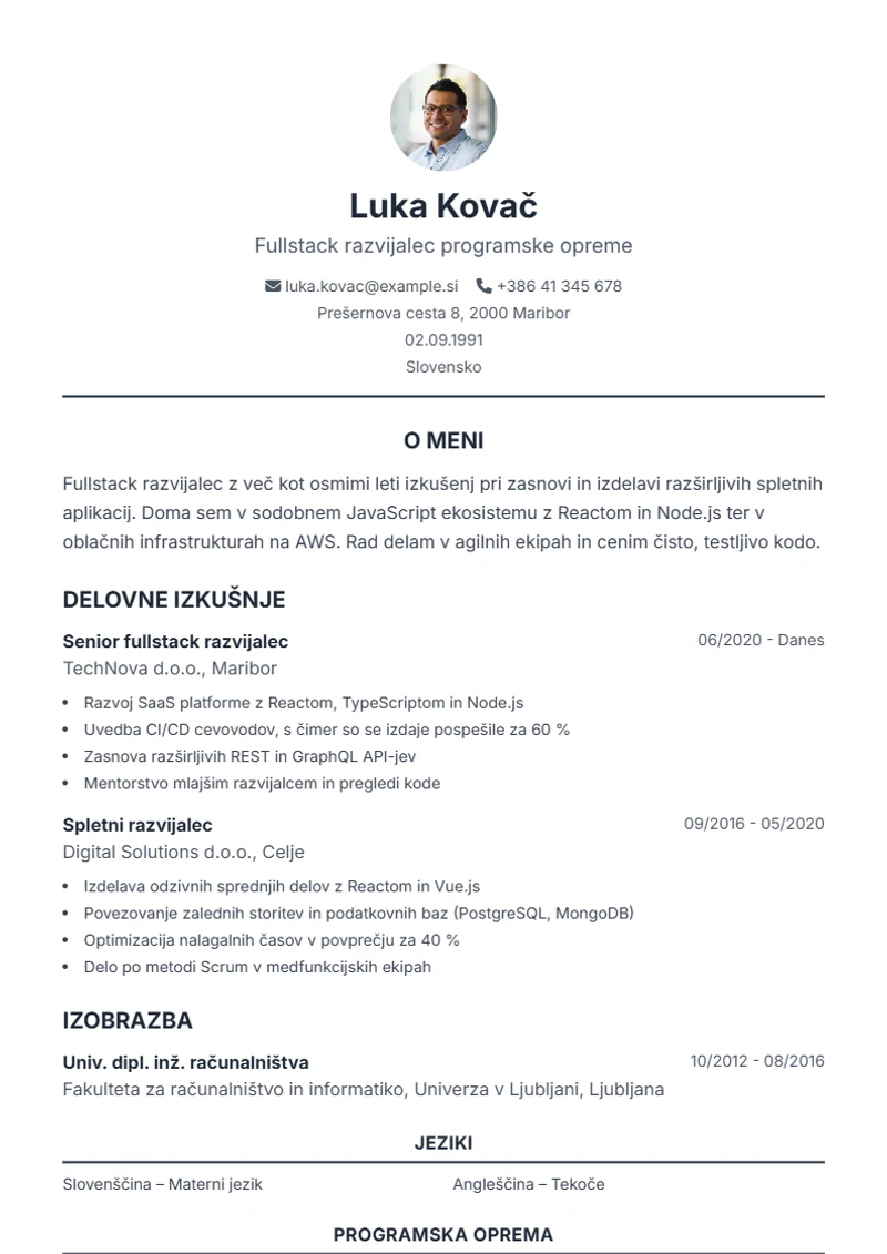 Predloga življenjepisa Classic – vzorec